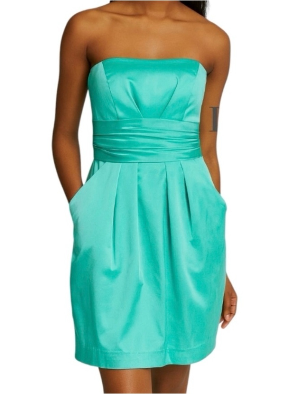 David’s Bridal Teal Short Charmeuse Dress Ruched Waist & Pockets 10 Homecoming